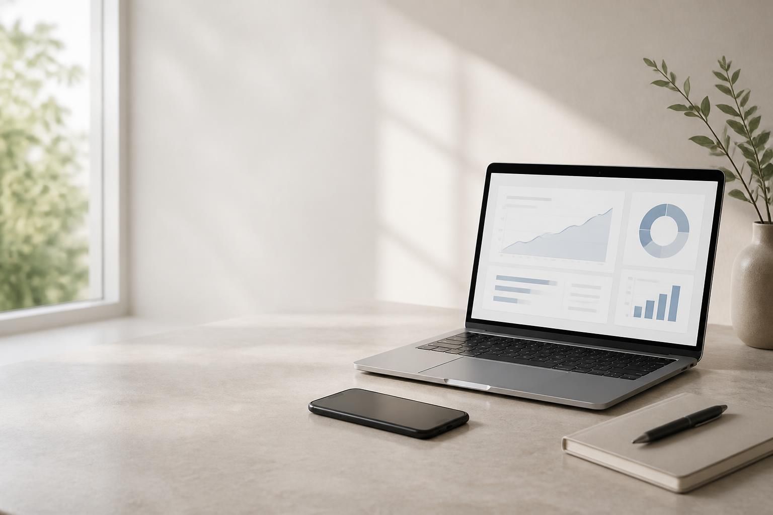 Bright workspace with laptop and phone, leaving space for call-to-action text.