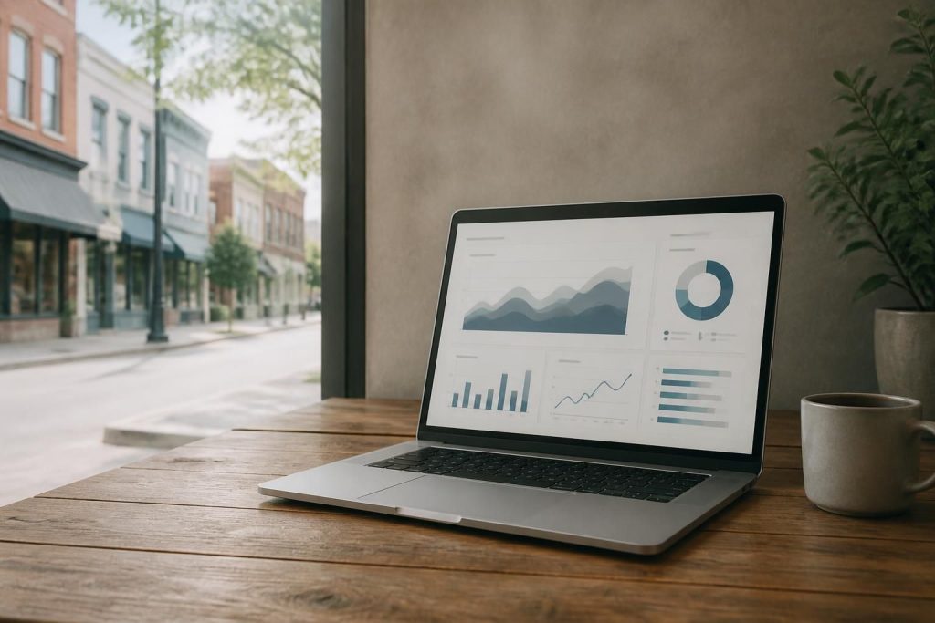 Modern marketing workspace with campaign charts and storefront backdrop.