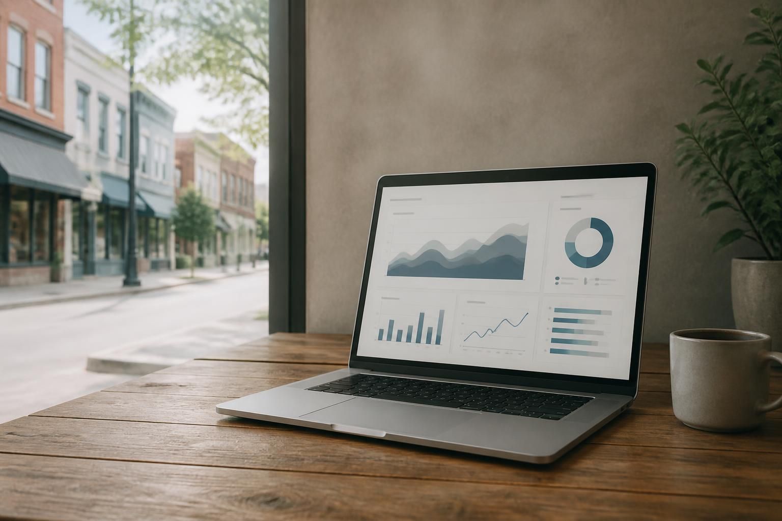 Modern marketing workspace with campaign charts and storefront backdrop.