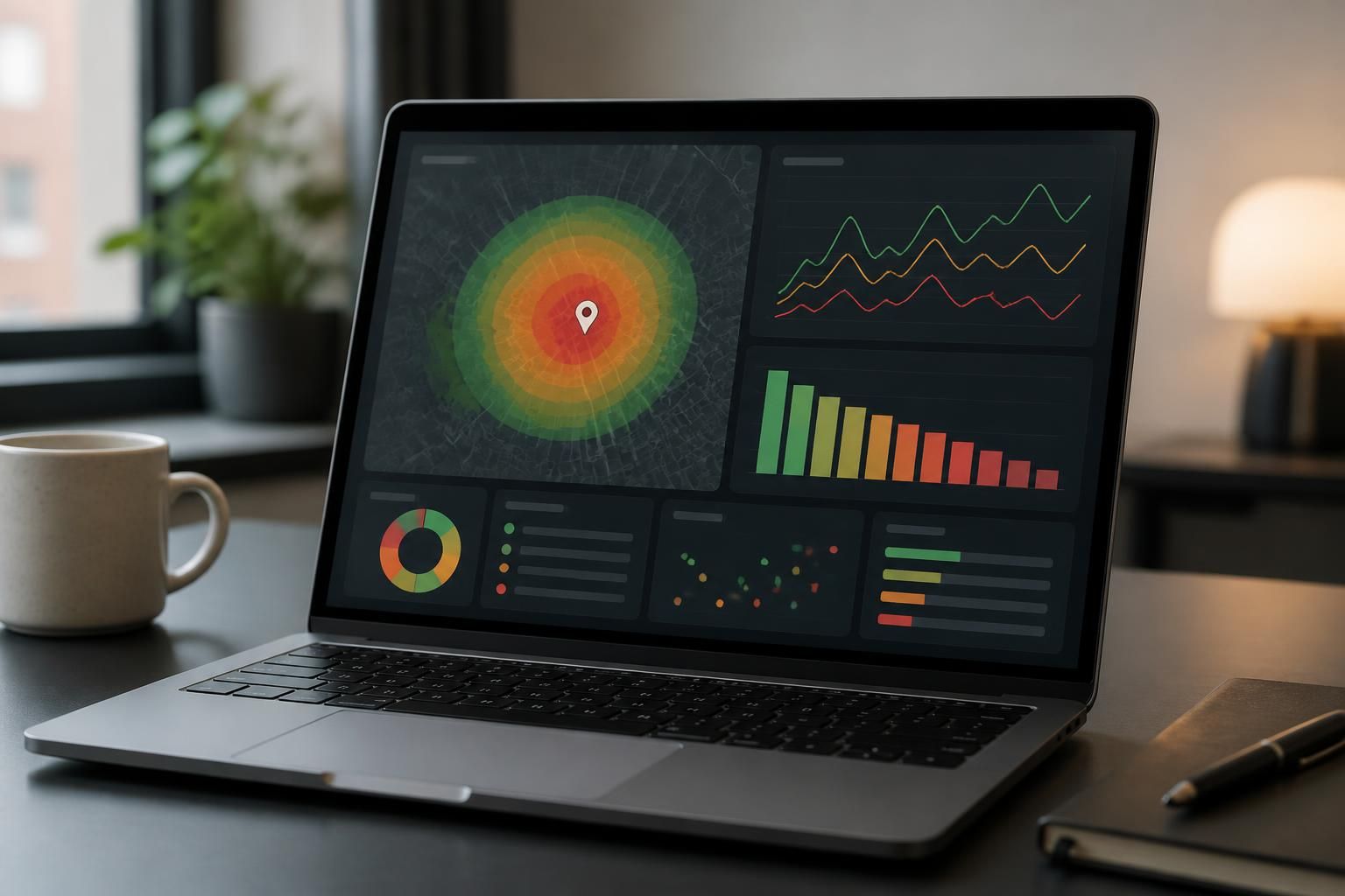 Laptop with abstract local search visibility charts in a clean workspace.