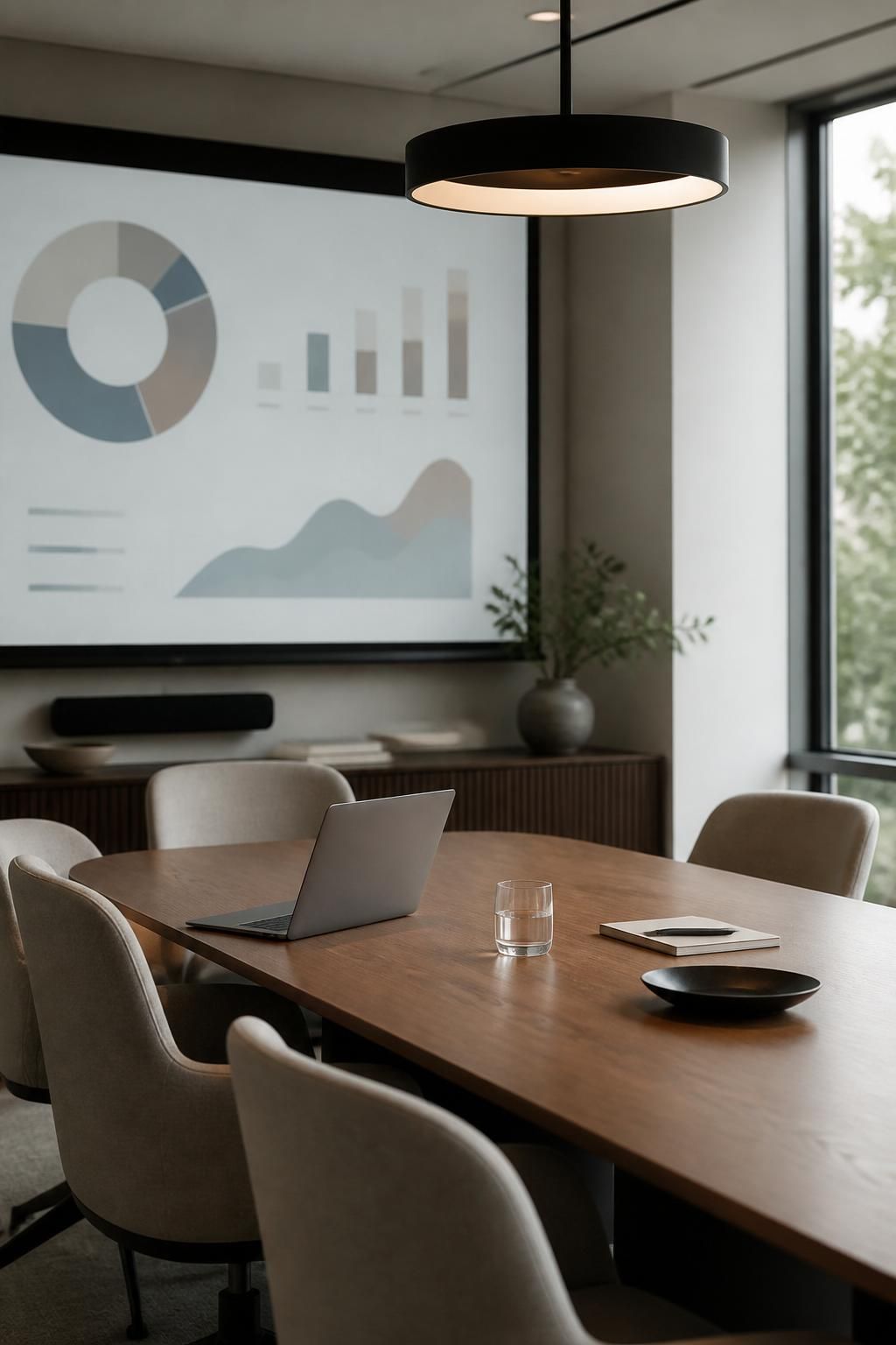 Modern strategy meeting room with laptop and abstract campaign visuals.