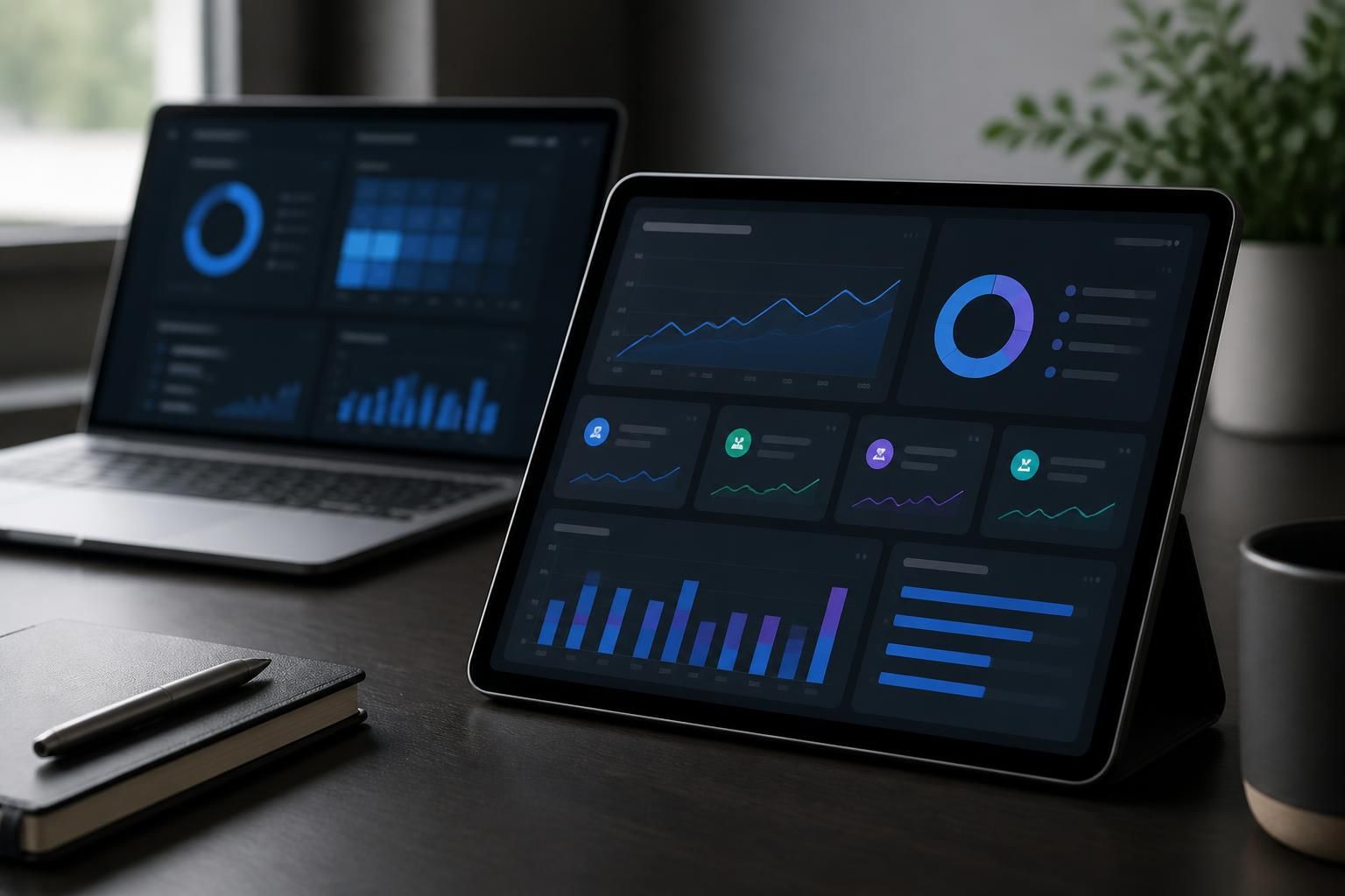 Tablet and laptop with abstract social campaign performance visuals.